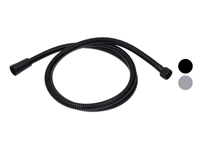 Flexible de douche noir flexible avec surface nervurée et deux échantillons de couleur.