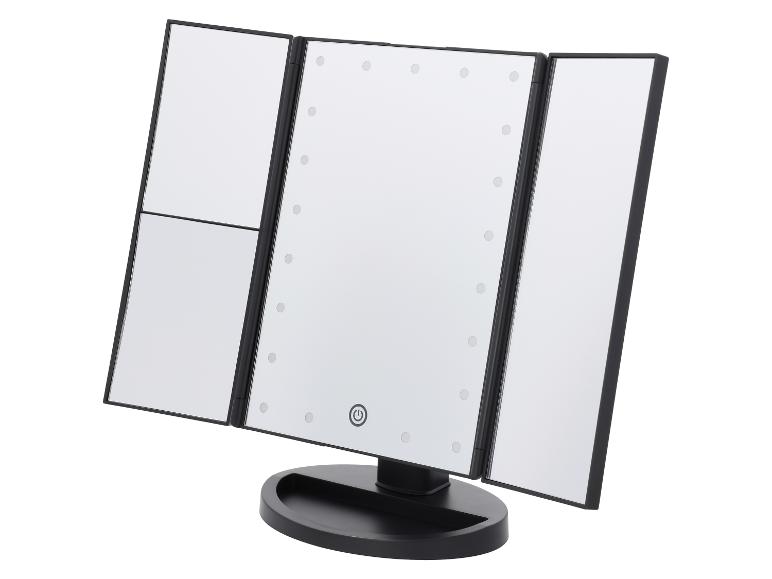 Miroir de maquillage triptyque avec éclairage LED et cadre noir.