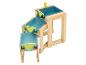 Une table de jeu en bois avec trois bacs bleus et un robinet
