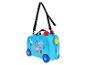 Valise trotteur bleue pour enfants avec personnages de dessins animés et texte 'Cool Adventures'.