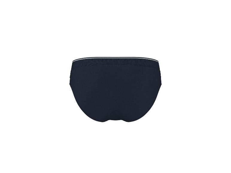 Slip de bain homme bleu foncé avec ceinture élastique blanche.