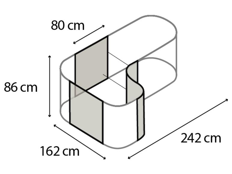 Dimensions : 86 cm de hauteur, 80 cm de largeur, 162 cm de profondeur et 242 cm de longueur