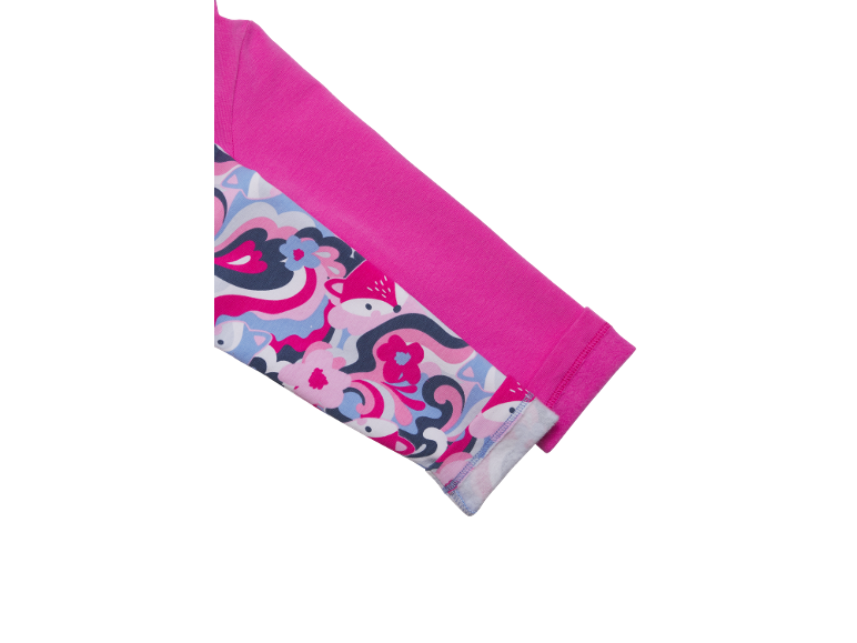 Haut à manches longues pour enfants avec manches roses et motif coloré de renards et de fleurs.