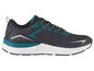 Chaussures de course noires avec des détails turquoise.