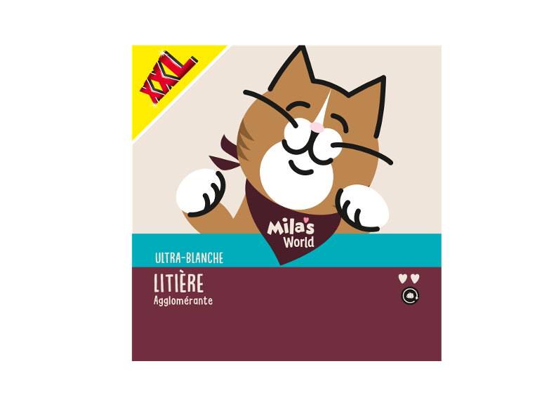 Litière agglomérante ultra-blanche XXL avec un chat de dessin animé portant un bandana.
