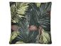 Coussin vert foncé avec un motif de feuilles tropicales dans des tons de vert, rouge et rose.