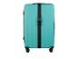 Une valise bleu clair avec des roulettes et une boucle noire.