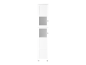Armoire haute blanche avec deux portes en verre dépoli et poignées argentées.
