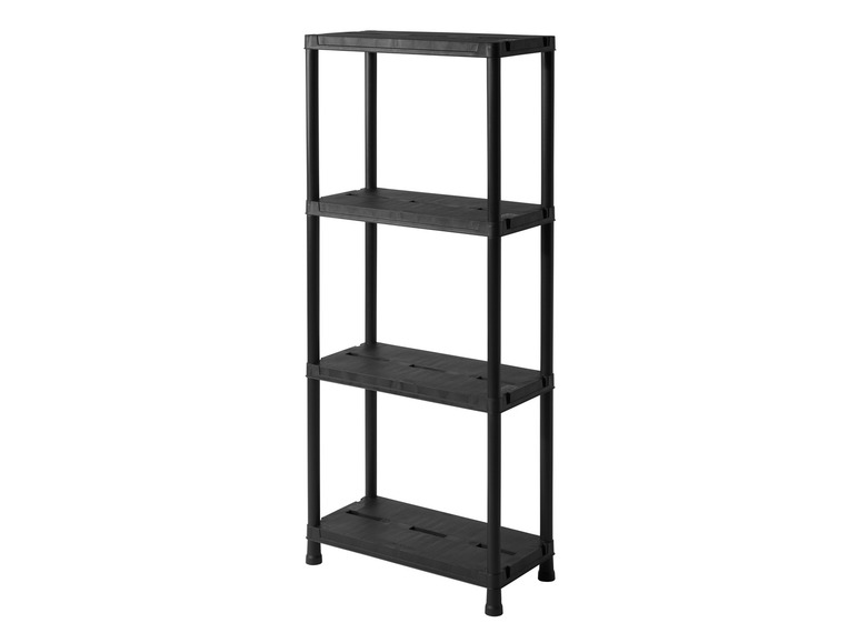 Une étagère en plastique noire avec quatre tablettes.