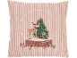 Coussin de Noël rayé avec boule à neige, cerf, sapin et texte 'Merry Christmas'.