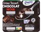 Crème dessert chocolat noir avec une cuillère et des barres de chocolat, avec instructions de conservation.