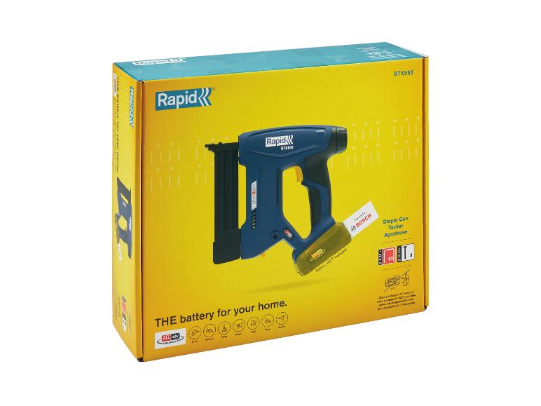 Agrafeuse sans fil RAPID 18 V BTX553 dans son emballage, avec le texte 'THE battery for your home'.