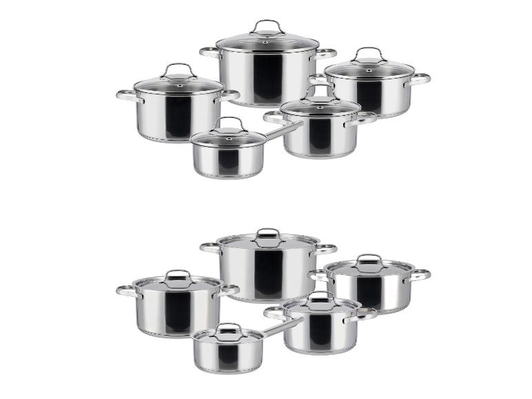 Ensemble de 6 casseroles et poêles en acier inoxydable avec couvercles, certains en verre.