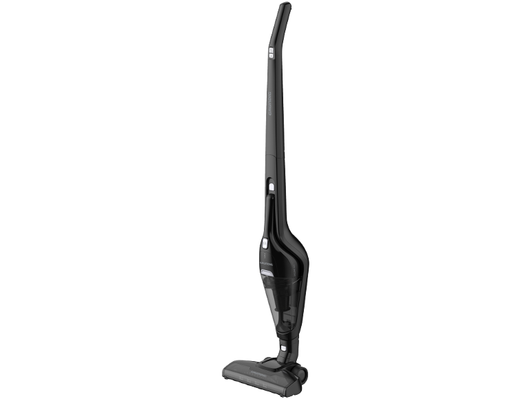 Aspirateur-balai sans fil noir avec poignée ergonomique et bac à poussière transparent.
