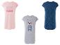 Trois t-shirts pour femmes : rose « Snooze », gris avec un chien marin et bleu marine à pois blancs.