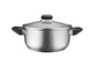 Une casserole en acier inoxydable avec un couvercle en verre et des poignées noires.