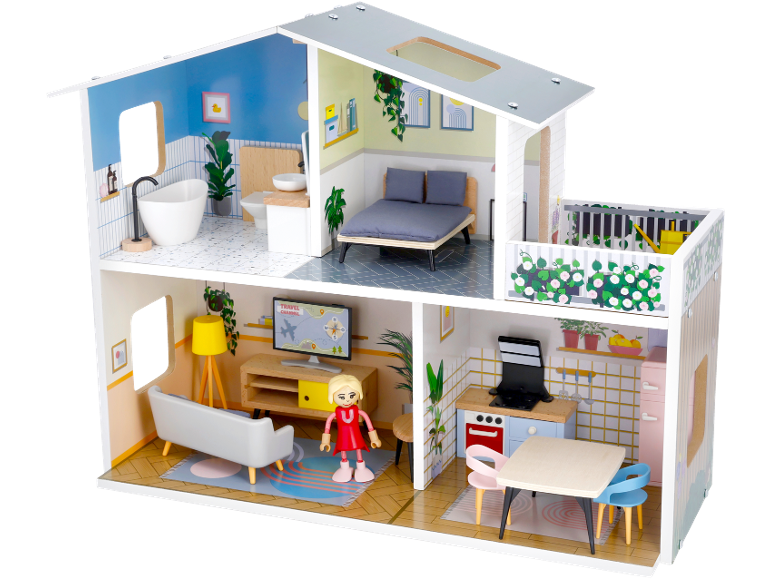 Maison de poupée à plusieurs étages avec meubles, salle de bain, chambre, salon et cuisine.