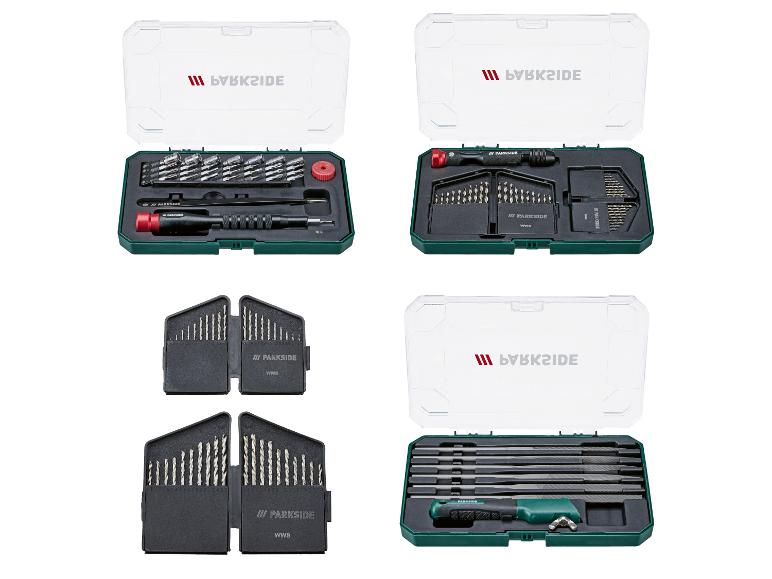 Kits d'outils Parkside avec embouts, forets et limes dans des étuis transparents.