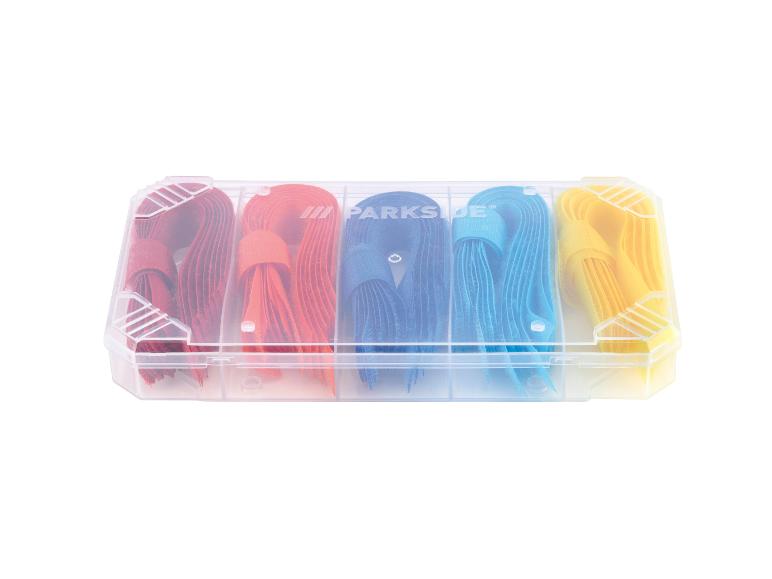 Assortiment de velcros Parkside multicolores dans un boîtier transparent.