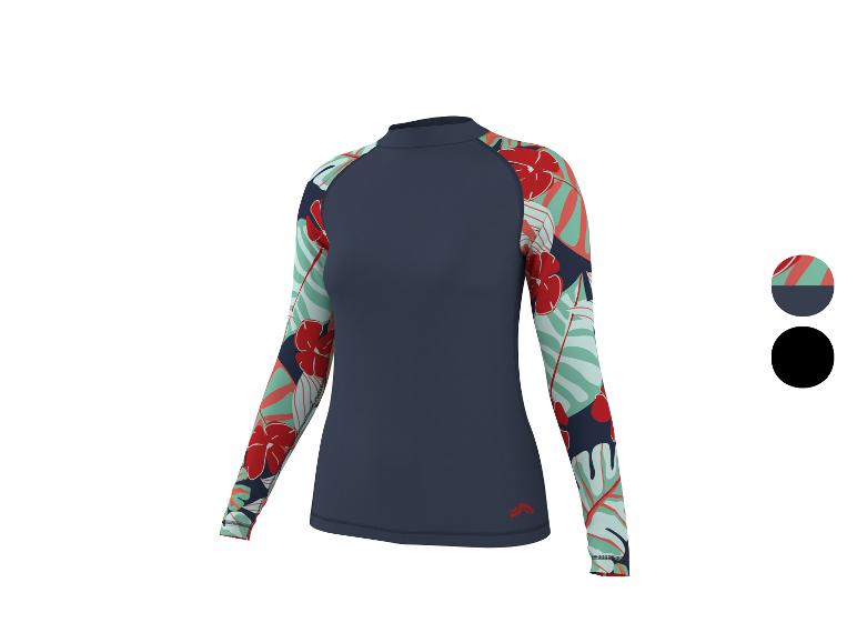 Haut à manches longues pour femme bleu foncé avec manches à motifs tropicaux.