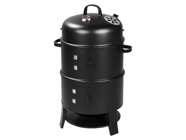 Fumoir vertical noir avec thermomètre et aérations.