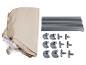 Housse en tissu beige, tubes métalliques gris et connecteurs en plastique pour étagère de rangement.