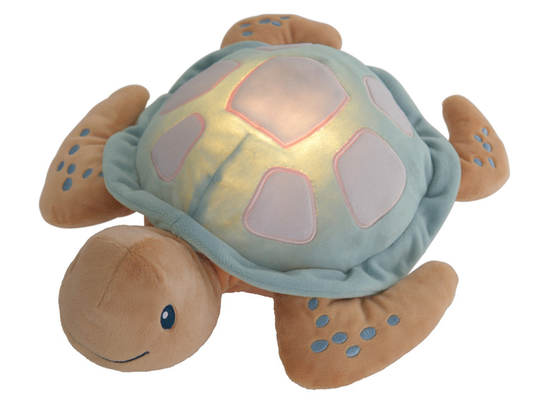 Une tortue en peluche bleue avec un système de lumière dans sa carapace.