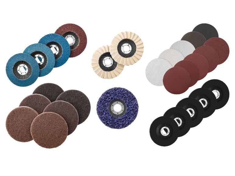 Divers disques abrasifs, y compris des disques à lamelles, de polissage, de ponçage et de décapage.