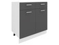 Une armoire de cuisine gris foncé avec deux portes et deux tiroirs.