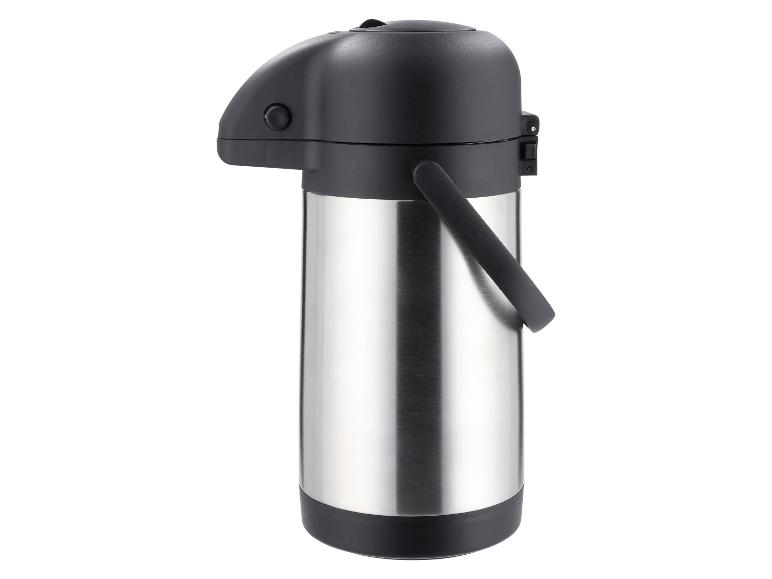 Un thermos en acier inoxydable avec pompe, doté d'une poignée et d'un couvercle noirs.