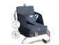 Siège rehausseur portable bleu pour enfants avec sangles et certifications d'expérience et de matériaux.