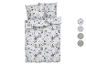 Parure de lit florale dans des tons gris-verts.