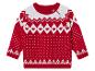 Un pull rouge tricoté avec un motif blanc et des cœurs.
