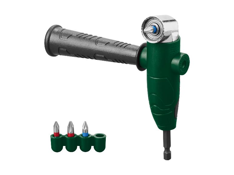 Adaptateur d'angle pour perceuse-visseuse avec poignée et jeu d'embouts de vissage.