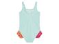 Maillot de bain une-pièce turquoise pour fille, détails volantés corail et rose.