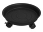 Un support rond pour plantes noir avec des roulettes.