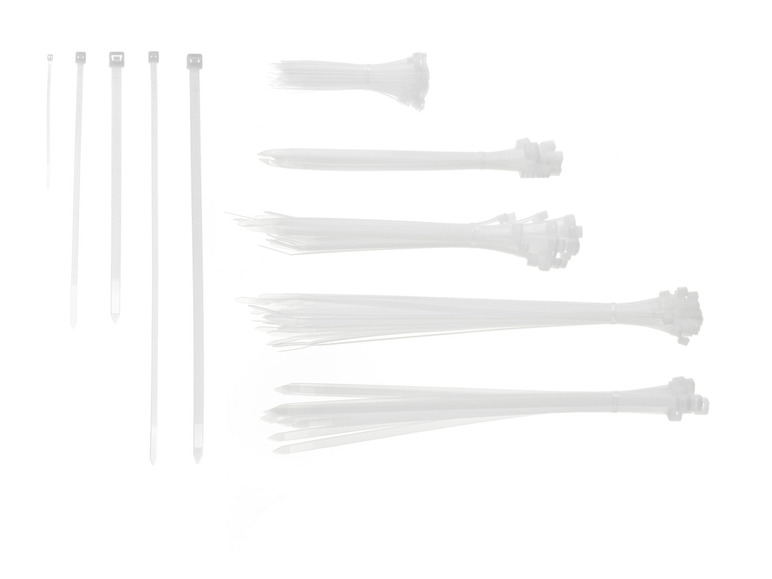Un assortiment de colliers de serrage blancs, individuels et en paquets.