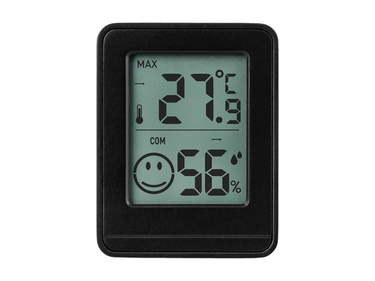 Thermo-hygromètre numérique noir avec écran affichant 27.9°C et 56% d'humidité.