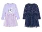 Deux robes pour filles à manches longues : une violette avec une licorne et une bleu marine à étoiles.