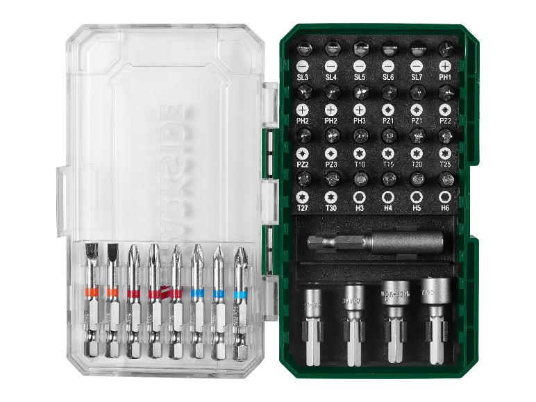 Jeu d'embouts de tournevis avec divers embouts : plats, Phillips, Pozidriv, Torx et hexagonaux.