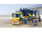 Camion-jouet bleu avec des figurines d'ouvriers chargeant des marchandises.
