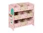 Étagère à jouets rose pour enfants avec motifs d'animaux et neuf bacs de rangement en tissu.