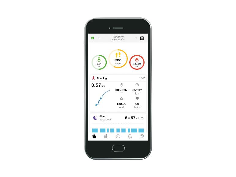 Un smartphone avec une application de fitness qui suit les pas, les calories et le sommeil.