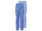 Deux paires de leggings bleus pour enfants, l'une avec un motif Elsa et des fleurs, l'autre unie.