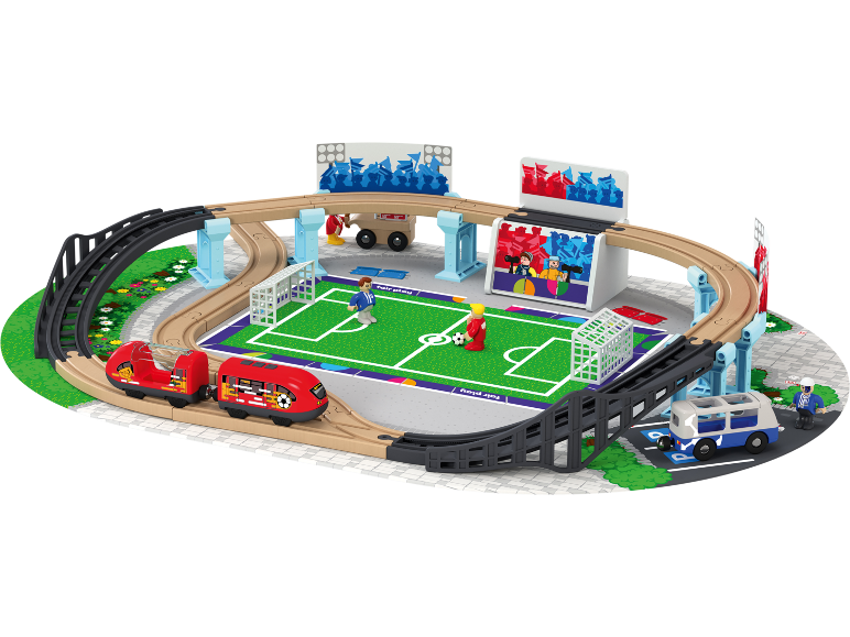 Ensemble de train jouet avec stade de football, train et figurines.
