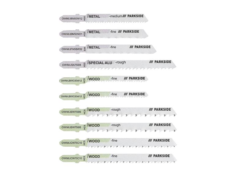 Lames de scie sauteuse Parkside pour métal, aluminium spécial et bois, avec diverses coupes.