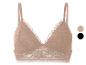 Bralette en dentelle beige à fines bretelles, avec échantillons de couleur beige et noir.