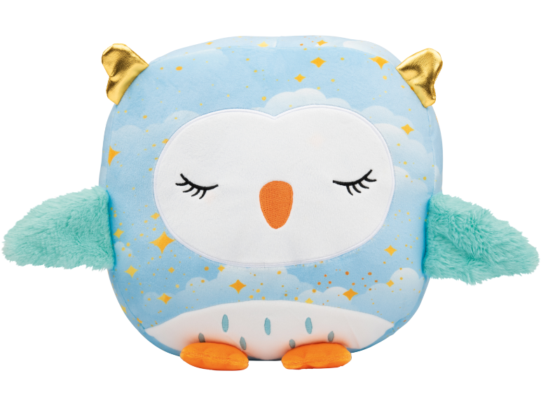 Peluche hibou bleu clair avec des oreilles dorées et un motif d'étoiles.
