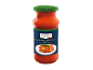 Sauce tomate à la ricotta en pot de verre avec couvercle vert, étiquette avec pâtes.