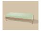 Lit simple en bois avec matelas vert clair sur fond beige.